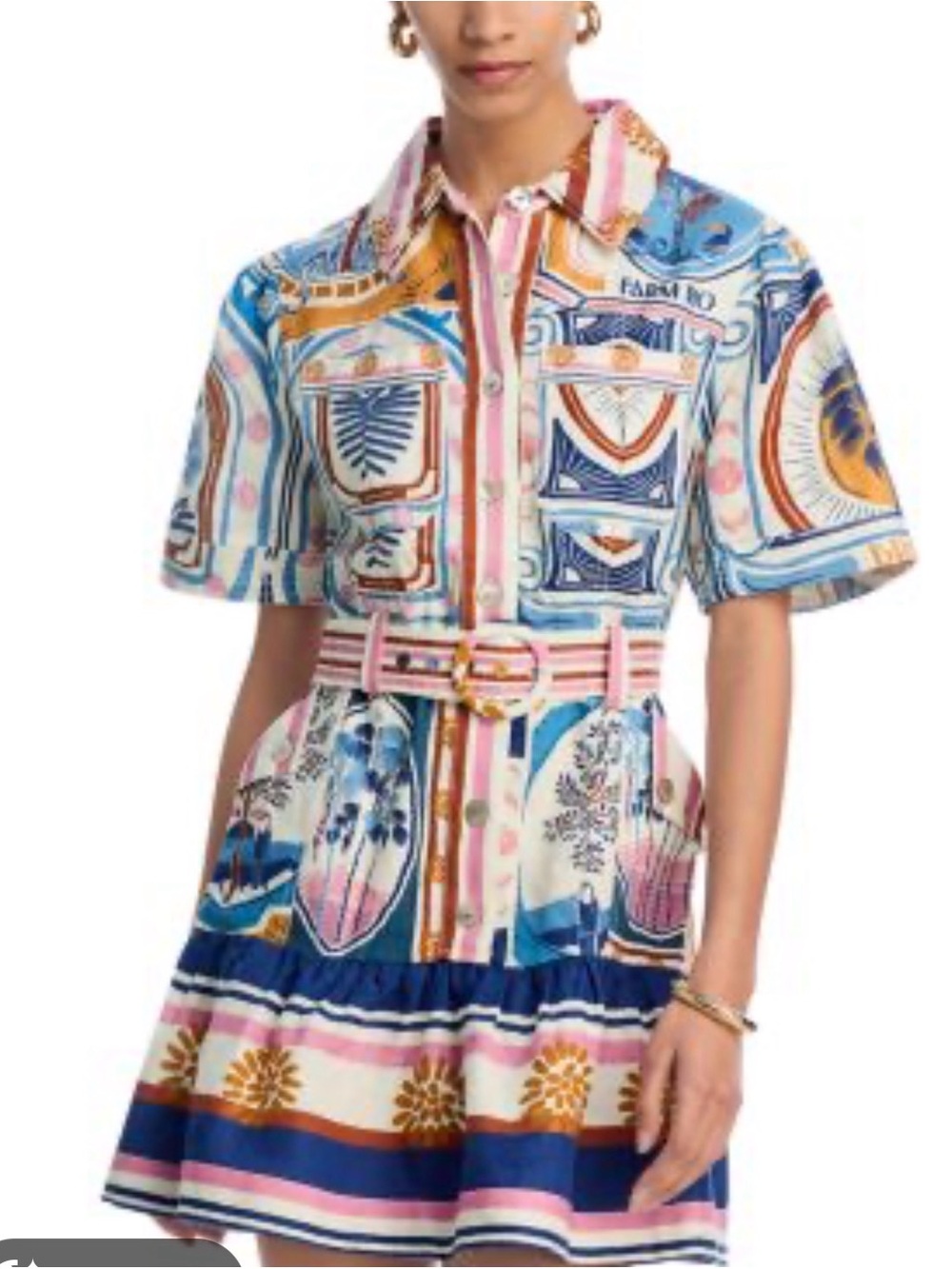 FARM Rio New With Tags Multicolor Printed Button-Front Belted Dress with Stripes